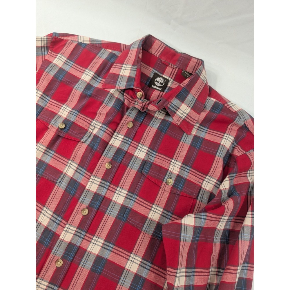 Timberland Shirt Large Mens Red Plaid Button Up Top Long Sleeve Cotton Buffalo